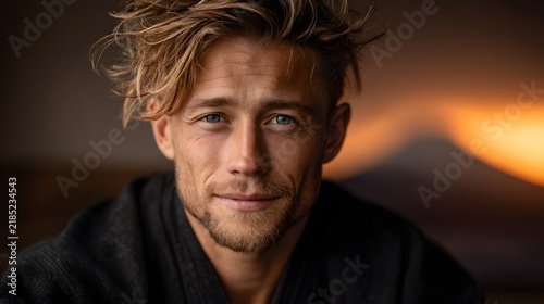Closeup portrait of a thoughtful intense looking man with a rugged handsome face and textured windblown hair against a moody atmospheric background