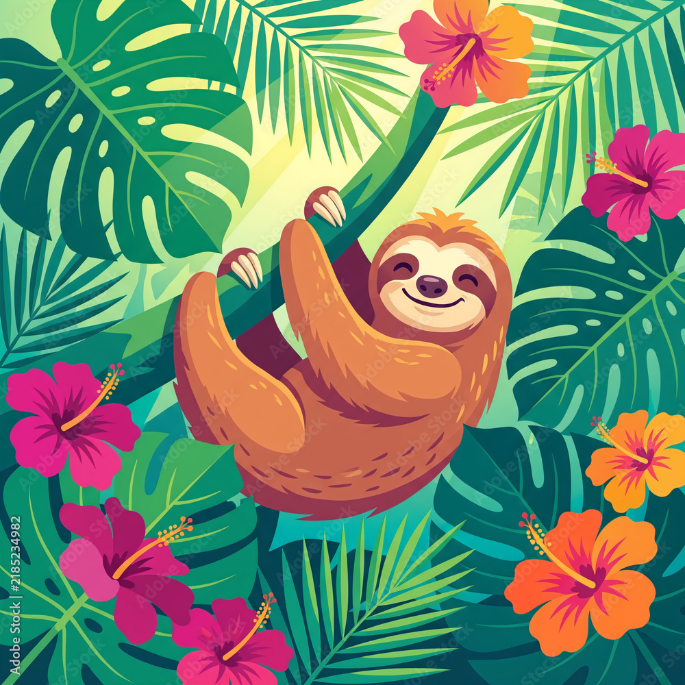 Fototapeta premium A cartoon sloth hanging from a tree branch in a tropical jungle