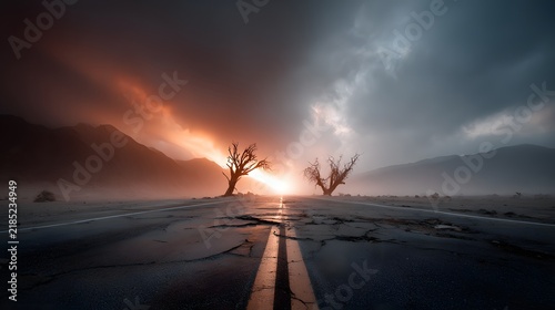 A serene and atmospheric landscape featuring bare trees silhouetted against a vibrant sunset sky with a winding path leading towards the horizon through a misty reflective lake or pond