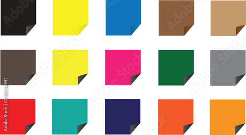 A colorful collection of vividly saturated paper sheets with slightly curled corners neatly arranged in a uniform grid pattern presentation