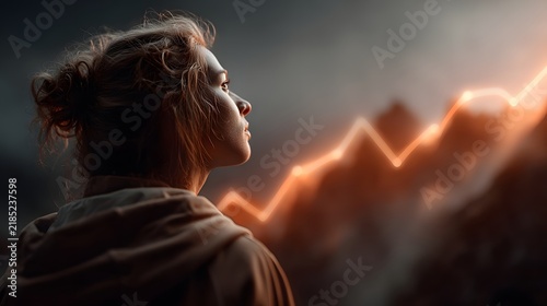 A woman stands in contemplative solitude her silhouette framed by the backdrop of towering mountains bathed in the warm glow of the setting sun