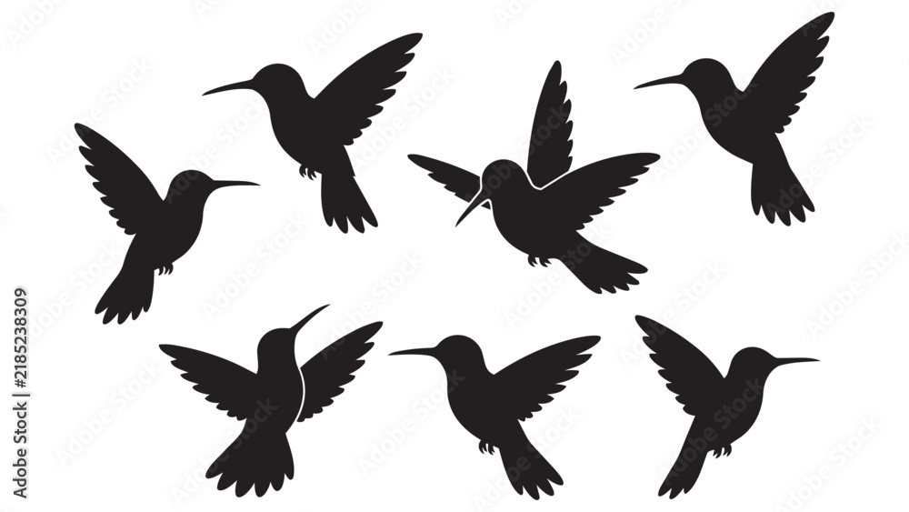 Fototapeta premium Seven Hummingbirds Flying in Various Dynamic Poses