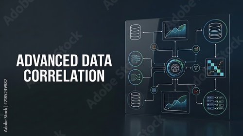 Obraz w ramie Advanced data correlation system architecture diagram shown on dark glass display panel backdrop.