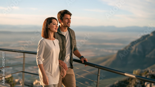 Human man and lifelike female humanoid robot standing together at a mountain viewpoint overlooking a wide valley