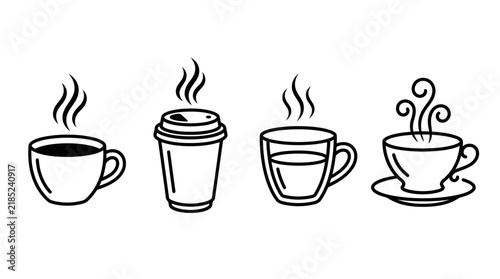 Set of Four Coffee Cup and Hot Beverage Line Art Illustrations