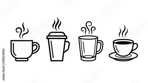 Set of Four Coffee Cup and Hot Beverage Line Art Illustrations