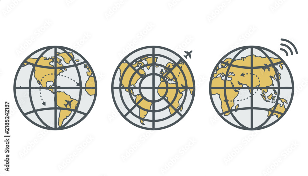 Obraz premium Three globe vector graphics illustrating international flight paths and global air travel routes.