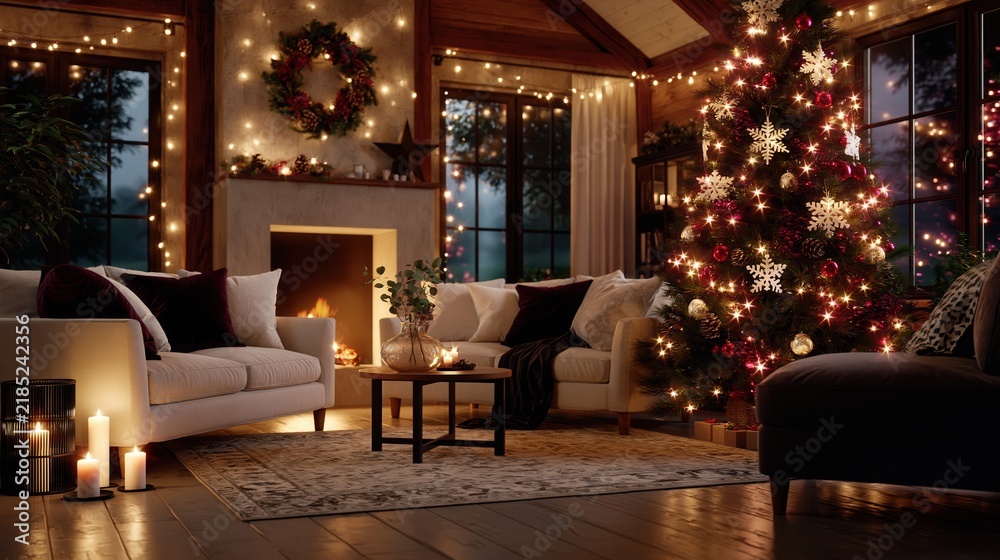 Obraz premium Cozy living room with illuminated Christmas tree, glowing fireplace, candles, plush seating, textured throws, festive decor, warm ambient light, and elegant winter home atmosphere