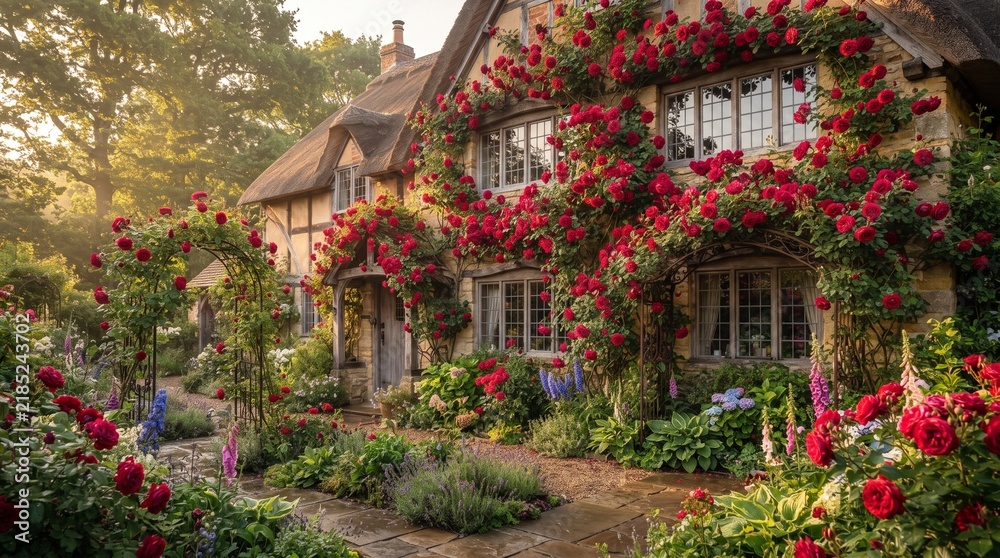 Fototapeta premium Charming Traditional English Country Cottage with Red Climbing Roses and Lush Garden at Sunset