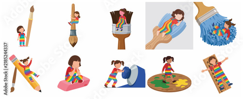 Set of Cute Little Girl in Rainbow Overalls Playing with Giant Art and School Supplies Illustrations