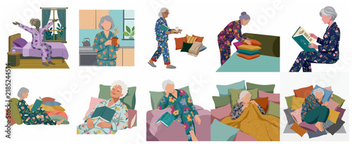 Collection of senior women in floral pajamas enjoying home routines, self-care, reading, and relaxing illustrations set