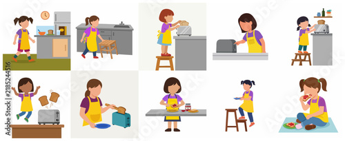 Little girl making toast step by step in the kitchen, flat vector illustration sequence of child preparing breakfast.