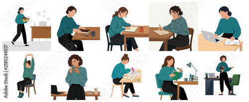 Set of flat vector illustrations featuring a young woman studying, writing, and working at her desk in various poses