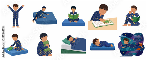 Little Boy Bedtime Routine Illustration Set with Child in Starry Pajamas Reading Sleeping and Dreaming