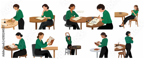 Set of diverse women practicing calligraphy, writing in notebooks, and journaling at a desk with ink and fountain pens. Minimalist flat vector illustration of creative hobby and mindfulness.