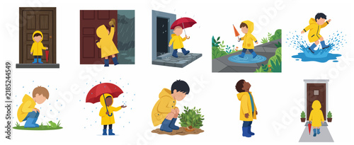 Set of flat vector illustrations of a little boy in a yellow raincoat and boots enjoying rainy day activities, splashing in puddles and exploring nature.