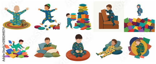 Collection of Flat Vector Illustrations Featuring a Toddler Boy in Dinosaur Pajamas Playing, Jumping, and Sleeping with Colorful Pillows