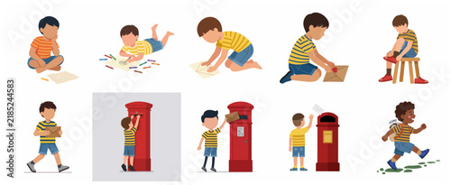 Little Boy Writing and Mailing a Letter Illustration Set. Collection of child character drawing, folding paper, and sending a message into a red post box.