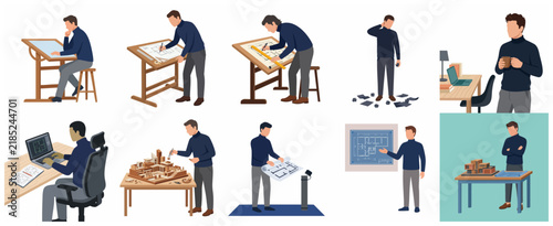 Architect character set featuring professional designer working on blueprints, building scale models, and using computer software for construction projects in flat vector illustration.