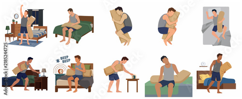 Vector set of a man in different sleeping and waking up poses with a body pillow bolster in the bedroom