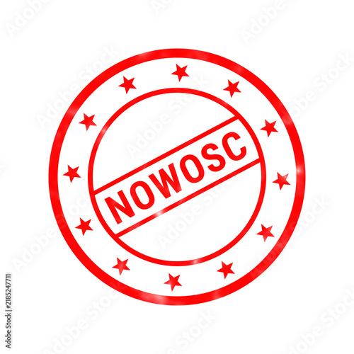 Fotografía Red Nowosc stamp icon, Polish novelty rubber seal with stars, round promotional