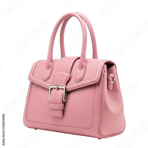 Pink leather handbag with buckle isolated on white background