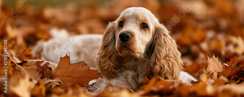 Cocker spaniel dog in leaves