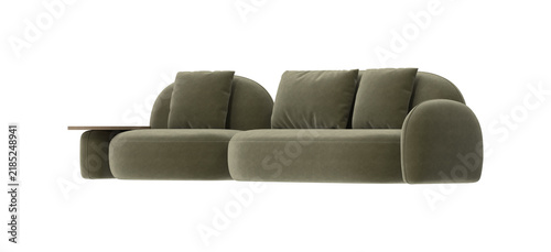 Modern olive green sofa with rounded arms and integrated side table