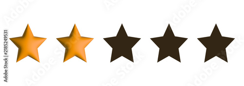 Two star rating scale with two filled golden elements on transparent background. 3D elements