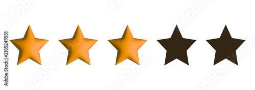 Three star rating scale with three filled golden elements on transparent background. 3D elements