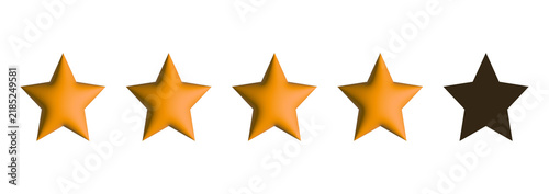Four star rating scale with four filled golden elements on transparent background. 3D elements