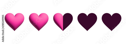 Two point five heart rating scale with half score on transparent background. 3D elements