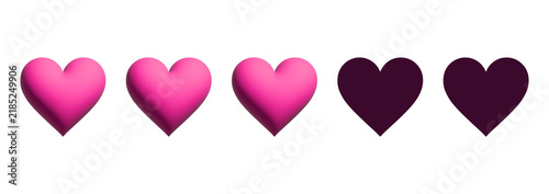 Three heart rating scale with three filled pink elements on transparent background. 3D elements