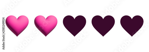 Two heart rating scale with two filled pink elements on transparent background. 3D elements