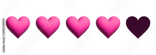 Four heart rating scale with four filled pink elements on transparent background. 3D elements