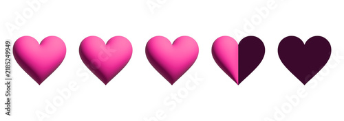 Three point five heart rating scale with half score on transparent background. 3D elements