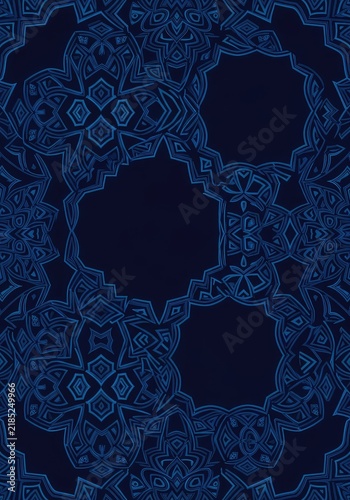 Elegant and intricate dark blue pattern featuring complex geometric shapes and swirling lines on a deep navy background for a luxury feel, ornamental, wallpaper, classic