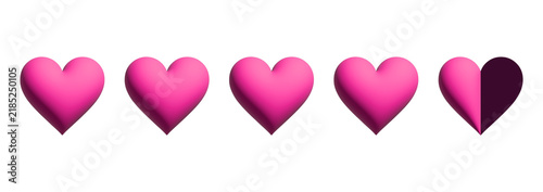 Four point five heart rating scale with half score on transparent background. 3D elements
