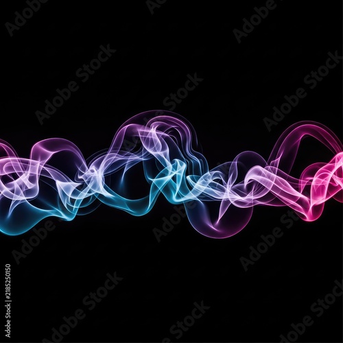 Vibrant neon smoke swirls create ethereal waves across a dark background. Glowing purple, blue, and pink plumes blend in a fluid motion, background, digital, artistic