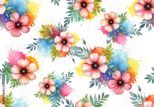 Artistic seamless pattern with vibrant watercolor flowers, colorful splashes, and abstract botanical shapes in a lively, creative composition, meadow, print, pattern