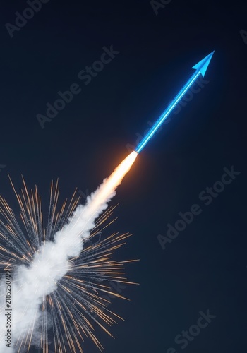 A vibrant blue arrow streaks upward into a dark sky like a powerful rocket ship, leaving behind clouds of white smoke and glowing sparks, trail, vision, rocket