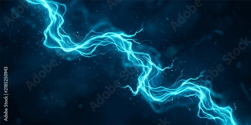 Abstract glowing blue electric lightning bolt energy wave on dark background with energy surge digital art neon lightning electric current dynamic flow