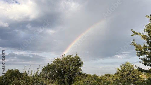 Static video clip capturing a rainbow arching over lush greenery under a cloudy sky. The scene is set during the day with natural lighting, showcasing the beauty of nature.
