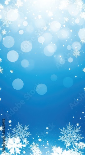 A shimmering festive background featuring soft blue bokeh lights and delicate white snowflakes against a cool winter gradient backdrop, shimmering, design, background