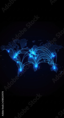 A luminous digital world map with glowing blue lines and data points showcasing global network connections and high-tech communication, abstract, futuristic, world map