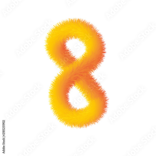 Fluffy vibrant yellow and orange fur number 8 on transparent background
