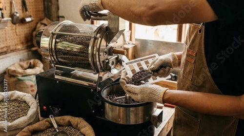 Crafting artisan coffee roasting handpicked beans in a classic roasting machine