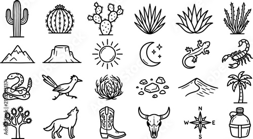 Set of desert icons including cactus, animals, and landscape elements