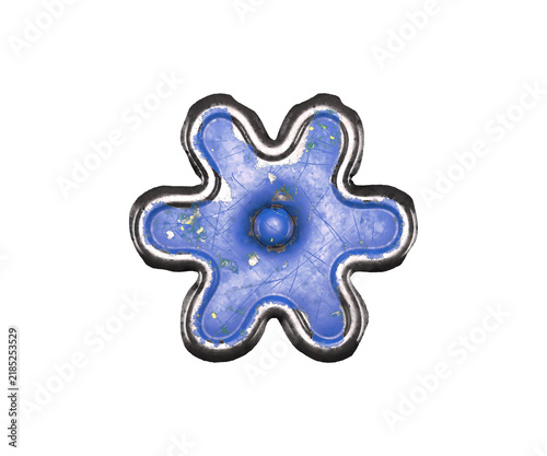 Blue scratched metal asterisk with rivets