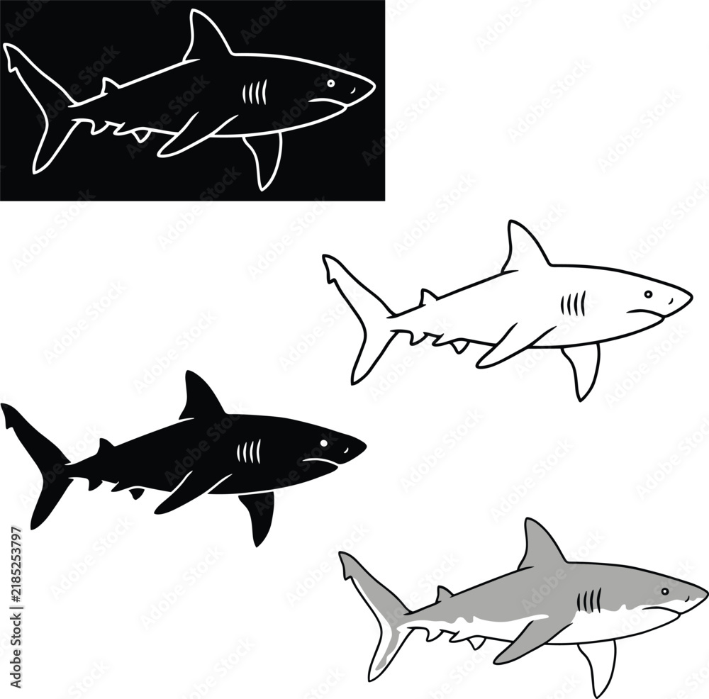 Obraz premium Set of shark silhouettes and line icons, including black, white, and grey variations of a swimming shark on a white background